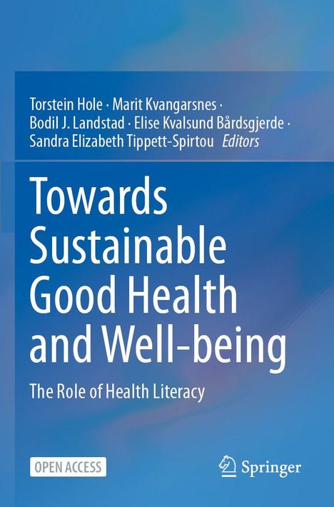 „Towards Sustainable Good Health and Well-being: The Role of Health Literacy“. Autoren und Herausgeber genannt. Blaues Hintergrunddesign.