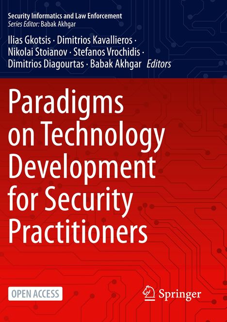 Cover eines Buches: "Paradigms on Technology Development for Security Practitioners". Oben blauer Hintergrund, unten rot.