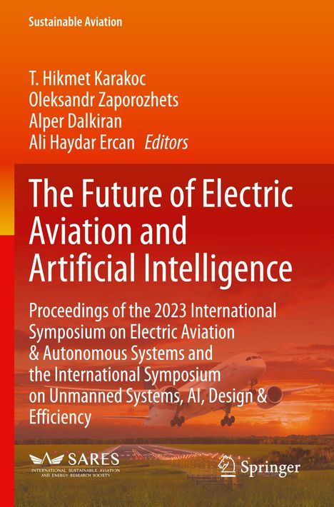 „The Future of Electric Aviation and Artificial Intelligence“, rote und orange Hintergründe mit Flugzeug über Landebahn.