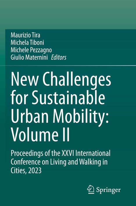 Text: "New Challenges for Sustainable Urban Mobility: Volume II." Grüner Hintergrund mit weißem Text. Springer-Logo.