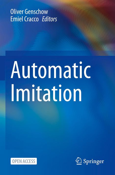 Titel: "Automatic Imitation". Herausgeber: Oliver Genschow, Emiel Cracco. Hintergrund in Blau mit Regenbogenakzenten.