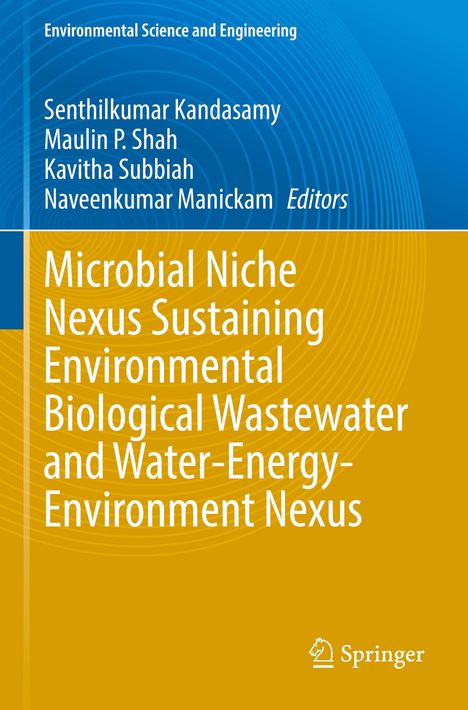 Buchtitel: "Microbial Niche Nexus Sustaining Environmental..." Herausgegeben von mehreren Autoren, blau-gelbes Design.