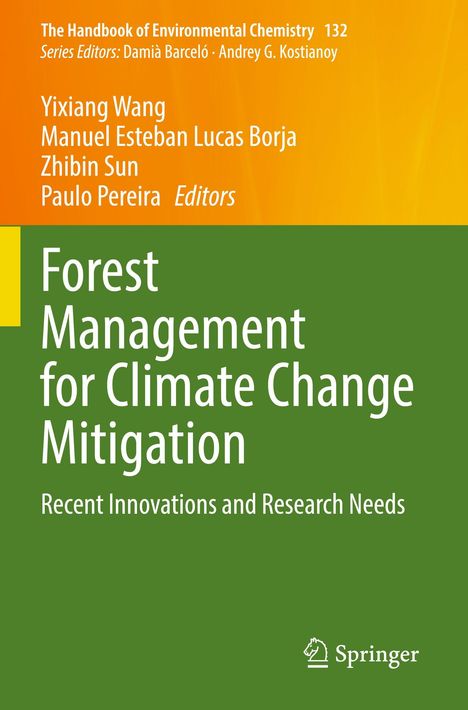Text: "Forest Management for Climate Change Mitigation: Recent Innovations and Research Needs." Buchtitel, grün-orange Farbverlauf.