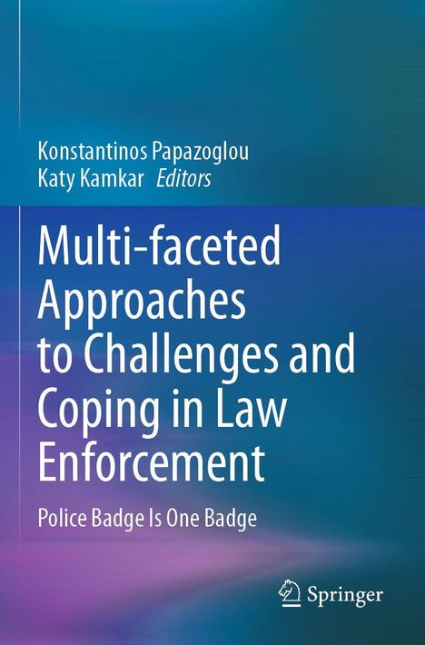 Schriftzug: "Multi-faceted Approaches to Challenges and Coping in Law Enforcement". Blau-violette Farbverläufe, Springer-Logo.