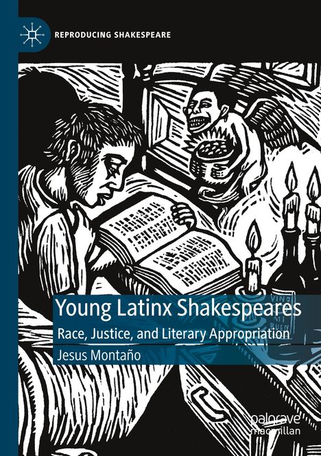 "Young Latinx Shakespeares: Race, Justice, and Literary Appropriation" von Jesus Montaño. Holzschnitt zweier lesender Personen.