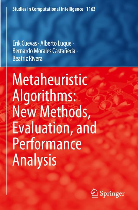 "Metaheuristic Algorithms: New Methods, Evaluation, and Performance Analysis" in weißem Text, rote und blaue Hintergründe.