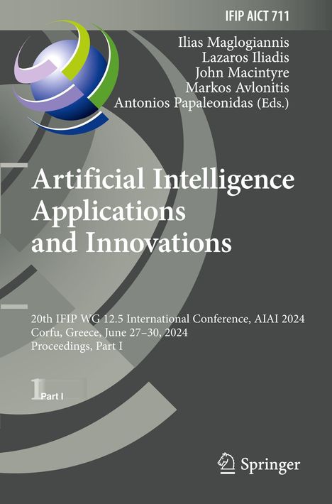 Artificial Intelligence Applications and Innovations. Grau-grüner Hintergrund, links oben farbiges Logo, rechts unten Springer-Logo.