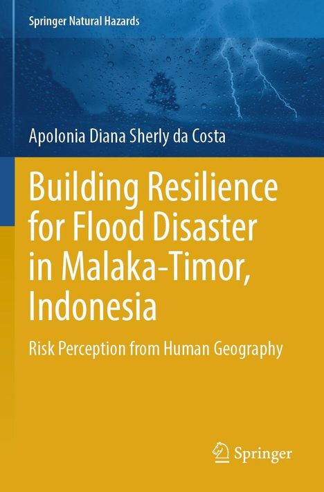 Text: Springer Natural Hazards, Apolonia Diana Sherly da Costa, Titel über Flutkatastrophen in Indonesien. Hintergrund: Blau mit Blitzen.