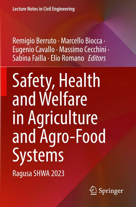 "Safety, Health and Welfare in Agriculture and Agro-Food Systems, Ragusa SHWA 2023, Springer. Rote abstrakte Hintergrundgestaltung."