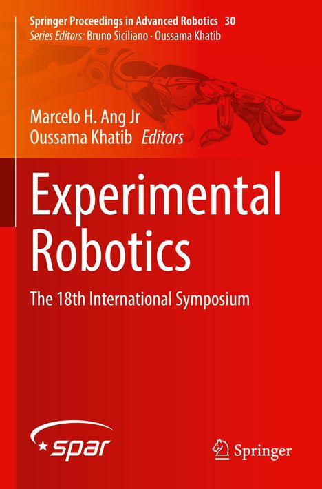 „Experimental Robotics“, 18. International Symposium. Illustrationen einer Roboterhand, Logos von spar und Springer.