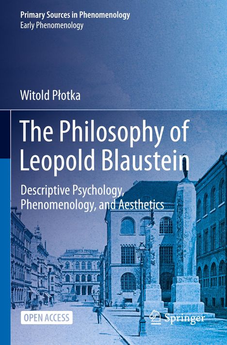 The Philosophy of Leopold Blaustein. Historisches Stadtbild mit Gebäuden und Statue, blauer Farbton.