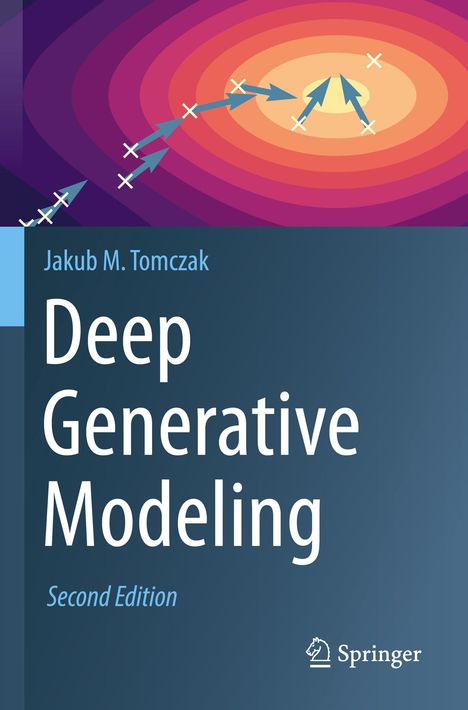 „Deep Generative Modeling“ von Jakub M. Tomczak, zweite Auflage. Farbige Illustration mit Pfeilen und Kreisen.