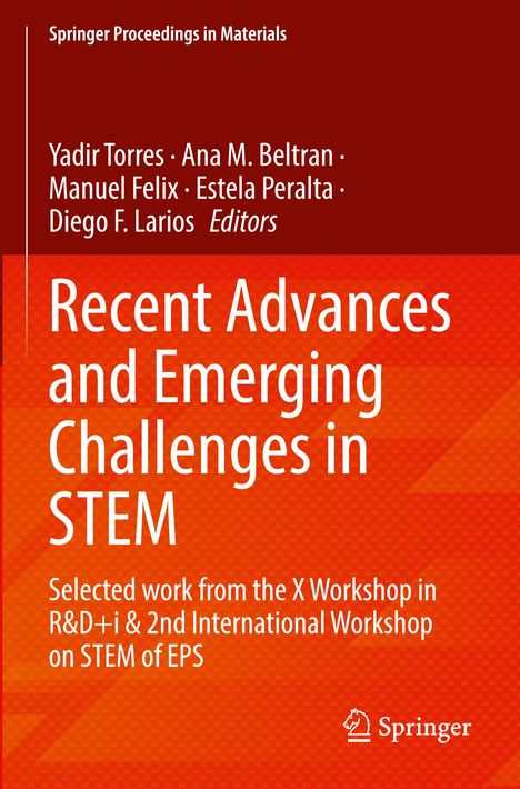 Titel: "Recent Advances and Emerging Challenges in STEM". Herausgeber: Yadir Torres und andere. Roter und orangefarbener Hintergrund.