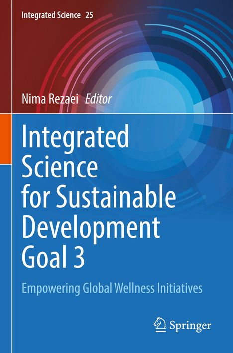 "Integrated Science for Sustainable Development Goal 3" in Großschrift, farbiger Hintergrund in Rot-Blau mit abstrakten Mustern.