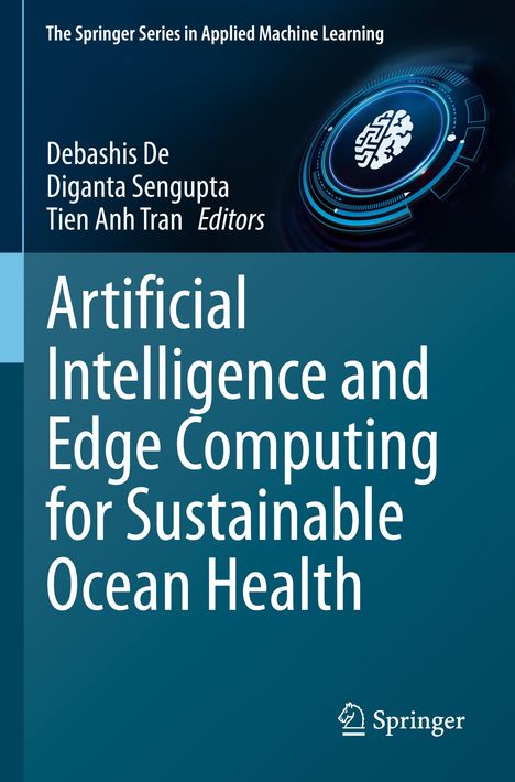 Buchtitel: "Artificial Intelligence and Edge Computing for Sustainable Ocean Health". Blaue Illustration mit Gehirn-Symbol.