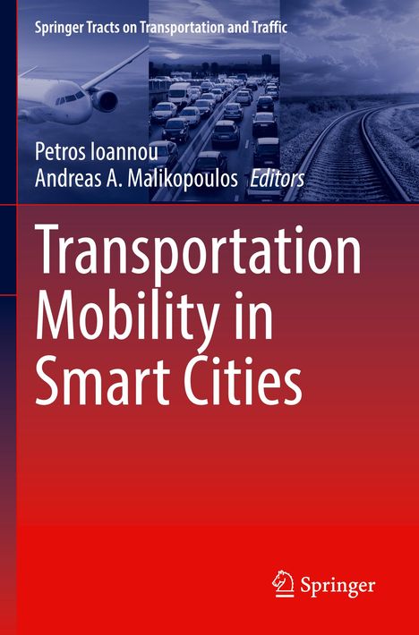 "Transportation Mobility in Smart Cities" ist in großer Schrift abgebildet. Ein Flugzeug, Autos und Schienen im Hintergrund.