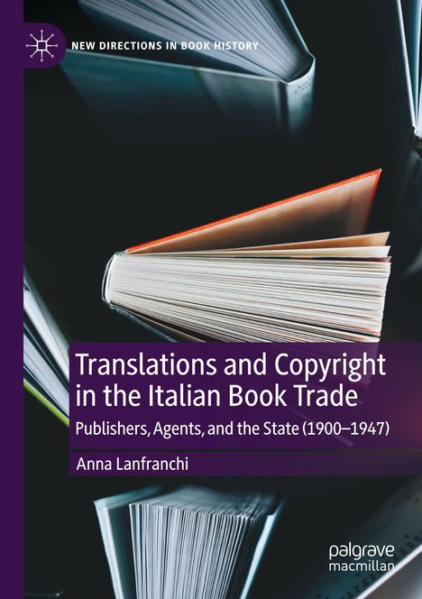 "Translations and Copyright in the Italian Book Trade". Bücher mit leicht geöffneten Seiten dominieren das Design.