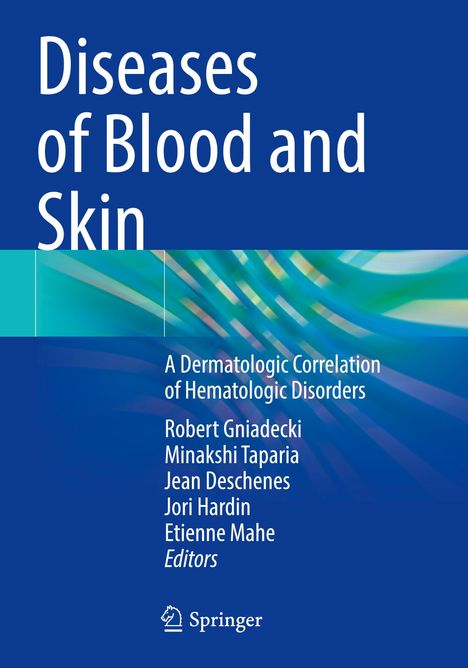 Titel: "Diseases of Blood and Skin". Darunter Autoren und Herausgeber. Farbige, wellenartige Muster im Hintergrund.