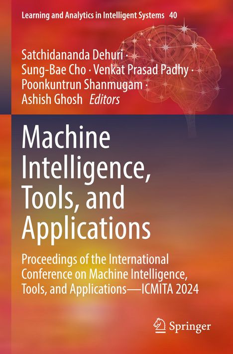 "Machine Intelligence, Tools, and Applications" in weißen Buchstaben auf rotem und orangem Hintergrund mit einem Gehirn.