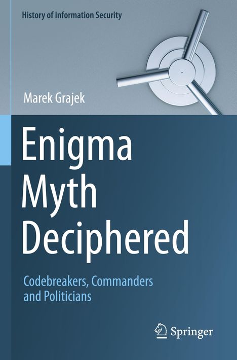 "Enigma Myth Deciphered" von Marek Grajek. Graues Hintergrundbild einer Safe-Tür mit drei Hebeln. Springer-Logo unten.