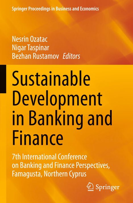 Gelber Hintergrund mit orangenen Mustern, Text über nachhaltige Entwicklung im Bankwesen, Autoren, Konferenzdetails, Springer-Logo.