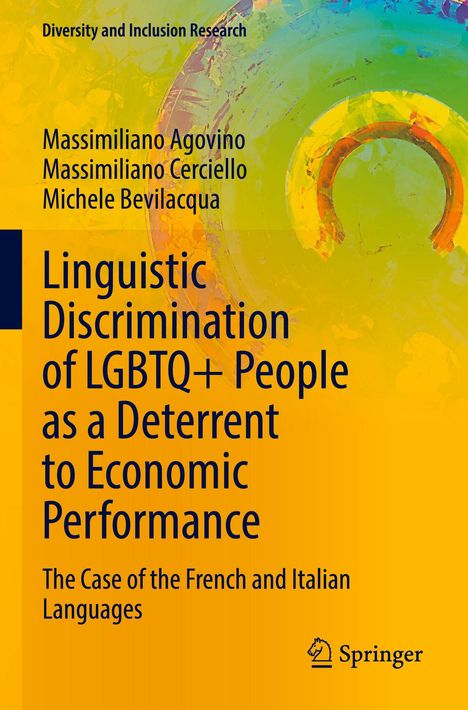 "Linguistic Discrimination of LGBTQ+ People" Buchcover, gelb mit abstraktem, buntem Muster und dem Springer-Logo.