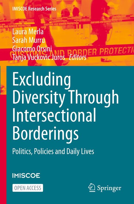 Titel: "Excluding Diversity Through Intersectional Borderings". Menschen an einem Zollbereich, farbenfroher Hintergrund.
