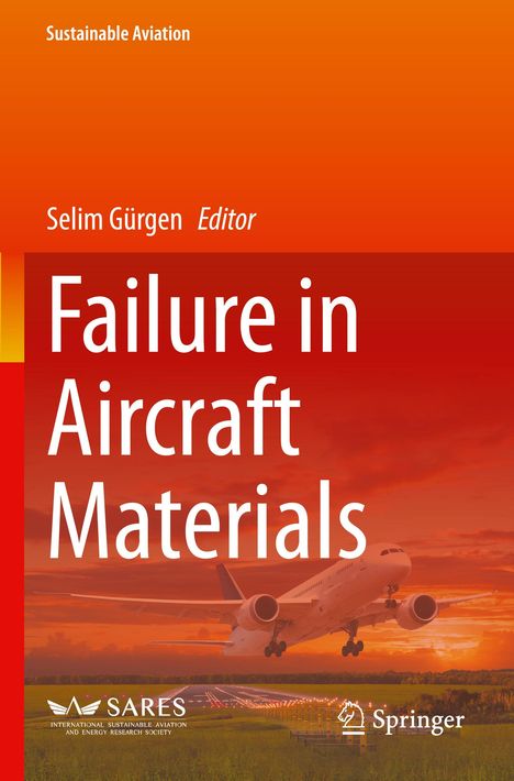 "Failure in Aircraft Materials" in Weiß auf rotem Hintergrund. Illustration: Flugzeug fliegt über Landebahn.