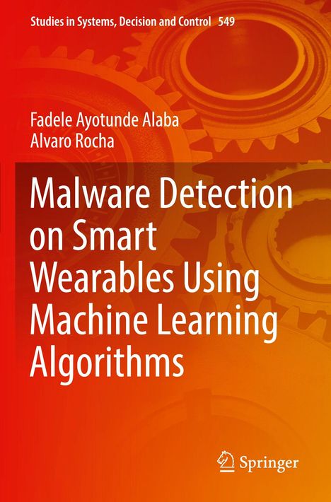 Titel: "Malware Detection on Smart Wearables Using Machine Learning Algorithms". Rote Zahnräder im Hintergrund.