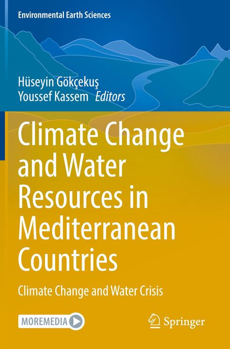 „Climate Change and Water Resources in Mediterranean Countries.“ Illustration: blaue Berglandschaft, gelber Vordergrund.