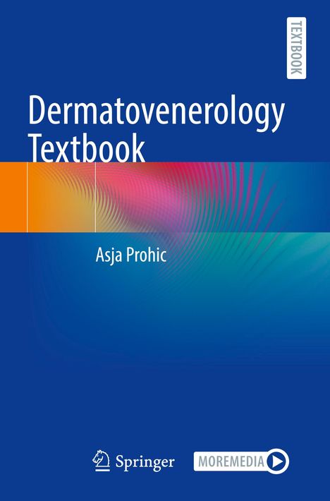 Text: "Dermatovenerology Textbook, Asja Prohic." Blaue Farbverläufe mit geometrischen, bunten Mustern und Logos unten.