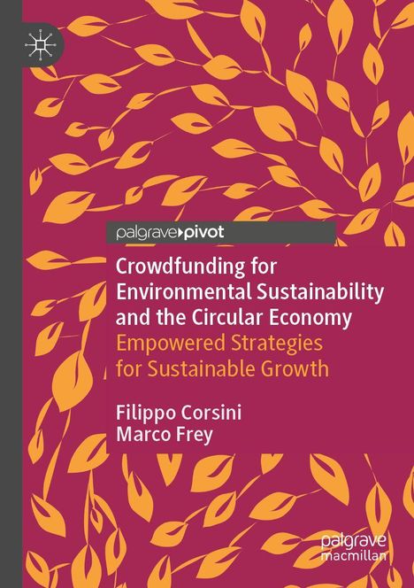 Buchtitel: "Crowdfunding for Environmental Sustainability and the Circular Economy". Rotes Design mit gelben Blättern.