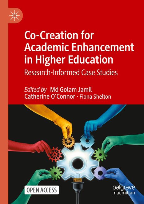 „Co-Creation for Academic Enhancement in Higher Education. Bunte Hände halten Zahnräder um eine Glühbirne.“