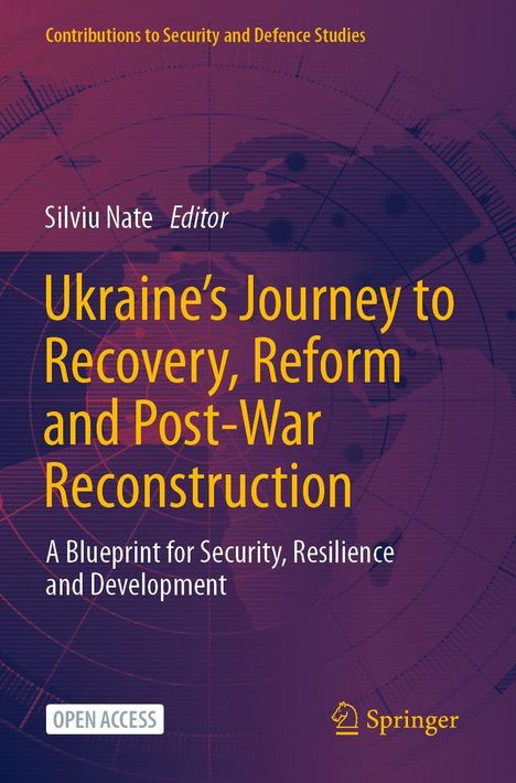 „Ukraine’s Journey to Recovery, Reform and Post-War Reconstruction“. Purpurfarbene Umschlaggestaltung mit Weltkartengrafik.