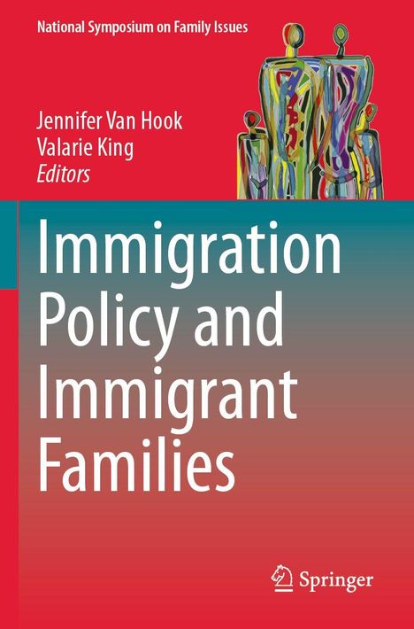 „Immigration Policy and Immigrant Families“, farbige abstrakte Figuren, roter Hintergrund, Springer-Logo unten.