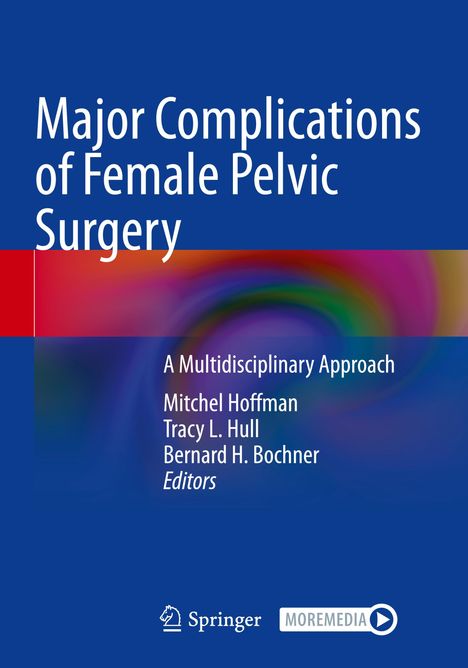 "Major Complications of Female Pelvic Surgery" steht oben, mit buntem, abstrakten Hintergrund und Logos unten.
