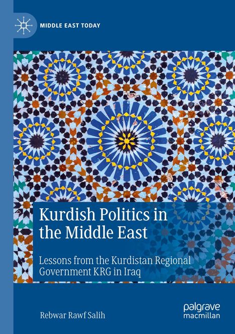 Titel: "Kurdish Politics in the Middle East". Buntes geometrisches Muster in Blau, Gelb und Orange.