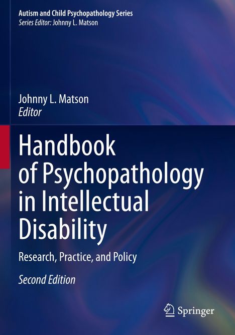 "Handbook of Psychopathology in Intellectual Disability", blaue Farbverläufe, Springer-Logo unten rechts.