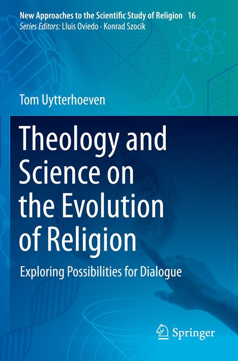 "Theology and Science on the Evolution of Religion" steht in großen weißen Buchstaben auf blauem Hintergrund.