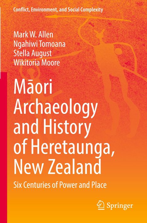 Orangefarbener Hintergrund mit Schattierungen, davor weiße Texte: Titel über die Māori-Archäologie und ein Logo unten.