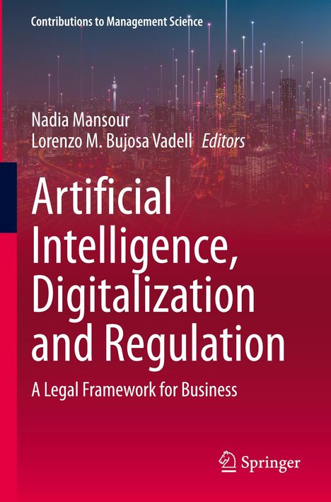 „Artificial Intelligence, Digitalization and Regulation“ steht in großen, weißen Buchstaben. Im Hintergrund eine Stadtansicht.