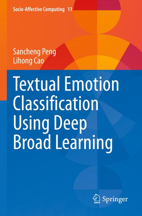 "Textual Emotion Classification Using Deep Broad Learning." Farbenfrohes Design mit orangen und blauen geometrischen Formen.