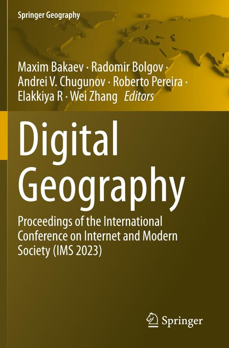 "Digital Geography" steht in großen Buchstaben. Es ist eine Buchabdeckung in Brauntönen mit einem Weltkartenausschnitt.
