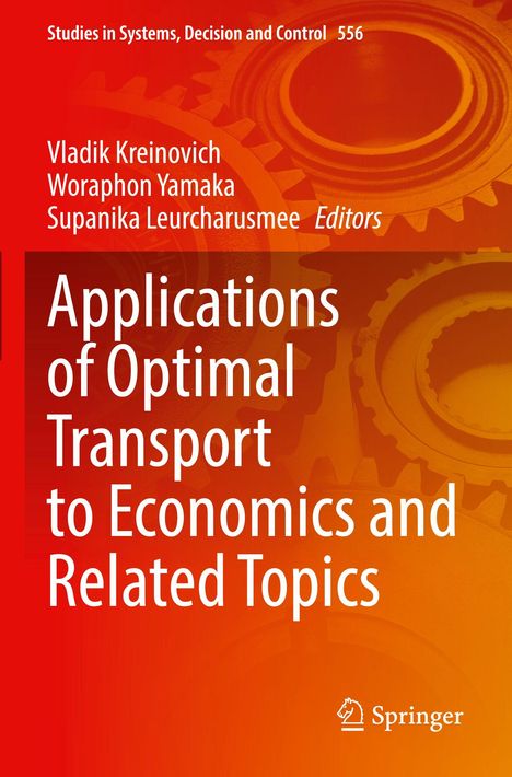 "Applications of Optimal Transport to Economics and Related Topics" steht auf rotem Hintergrund mit Zahnrädern.