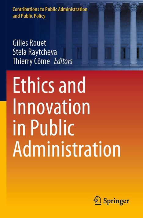 "Ethics and Innovation in Public Administration" in Weiß, Autoren oben. Hintergrund zeigt eine Säulenfassade.