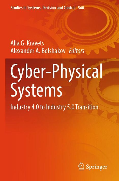 Titel: Cyber-Physical Systems. Autoren: Alla G. Kravets, Alexander A. Bolshakov. Orange Hintergrund mit Zahnrädern.