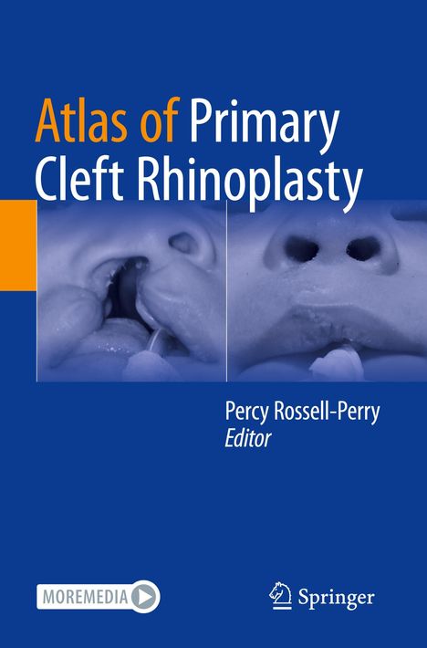 „Atlas of Primary Cleft Rhinoplasty“ ist in großen Buchstaben dargestellt. Zwei Vorher-Nachher-Nasenbilder.