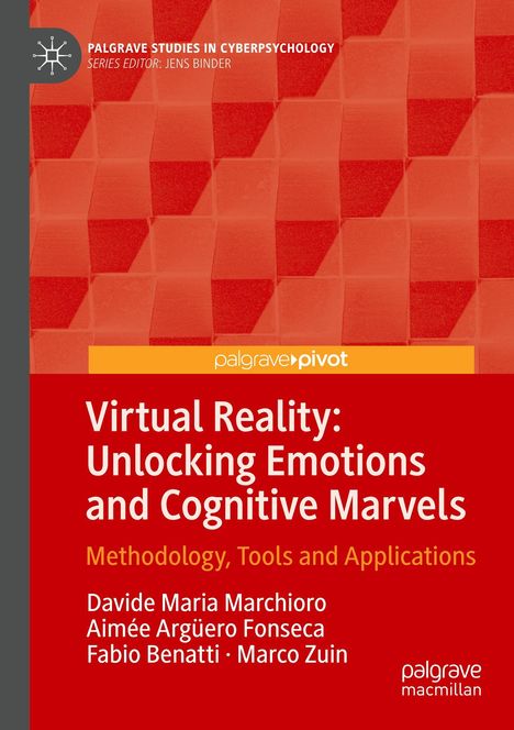 Text: "Virtual Reality: Unlocking Emotions and Cognitive Marvels." Rotes Hintergrundmuster, geometrische Formen.