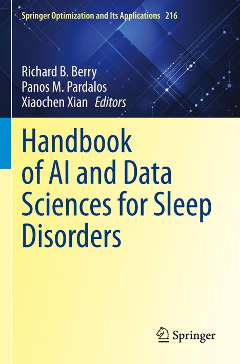 Titel: "Handbook of AI and Data Sciences for Sleep Disorders". Autoren: Berry, Pardalos, Xian. Blauer und gelber Hintergrund.