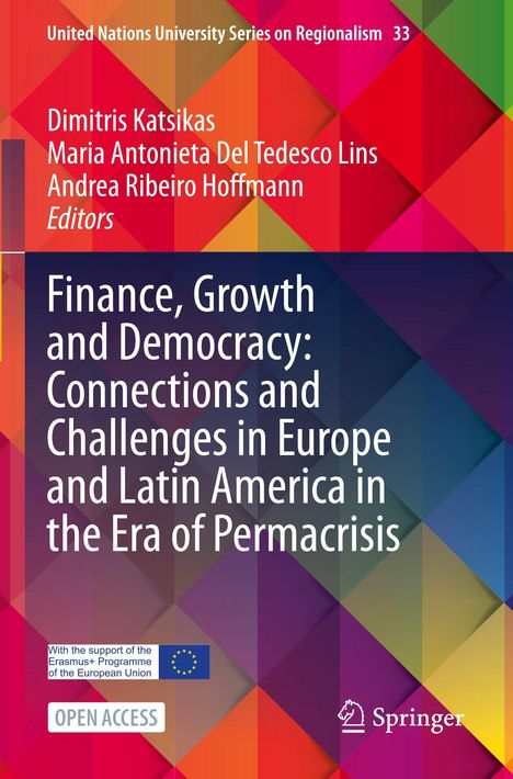 Buchcover: "Finance, Growth and Democracy" von Dimitris Katsikas u.a., kräftige geometrische Muster in Rot- und Blau-Tönen.